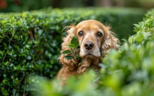Cocker Doré dans une haie verte.