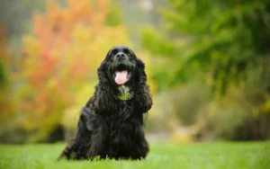 Cocker noir assis sur l'herbe avec la langue sortie