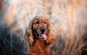 Cocker Roux faisant un clin d'œil dans un champ.