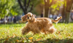 Cocker américain joueur courant sur l'herbe dans un parc ensoleillé