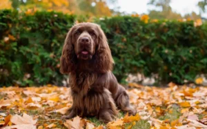 Cocker marron dans les feuilles d'automne.