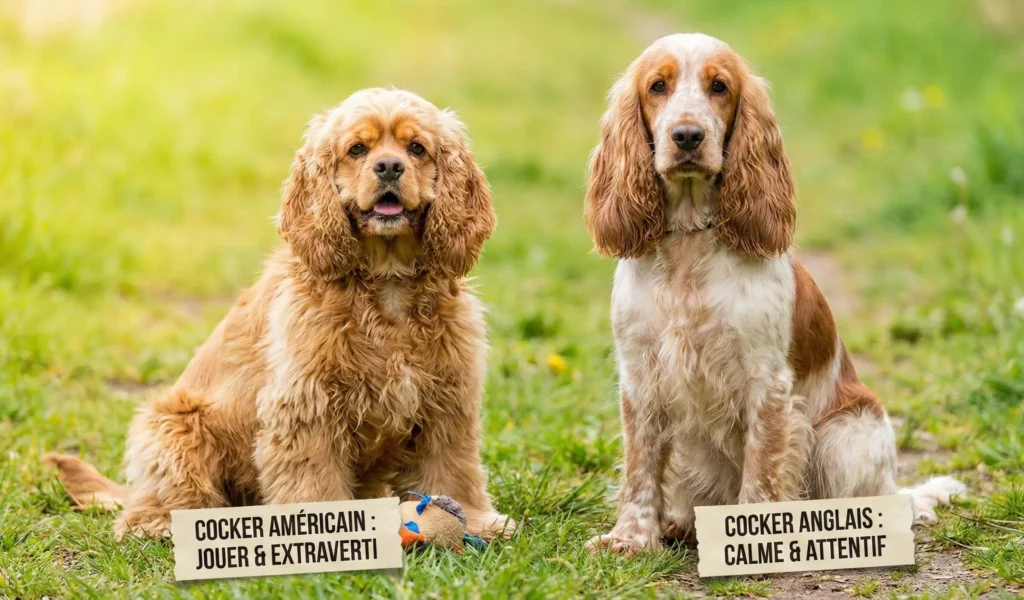 Personnalité et traits du Cocker Spaniel: Pourquoi Cockers Comparaison entre Cocker Spaniel américain et anglais, montrant leurs traits et tempéraments