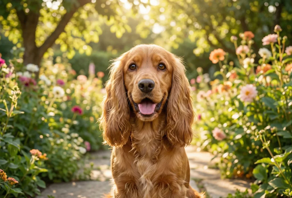 Personnalité et traits du Cocker Spaniel: Pourquoi Cockers Cocker assis sur un chemin dans le jardin montrant son tempérament calme et amical