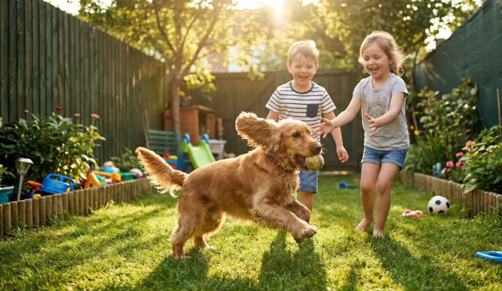 Personnalité et traits du Cocker Spaniel: Pourquoi Cockers Cocker Spaniel jouant avec des enfants dans le jardin, chien affectueux et joueur